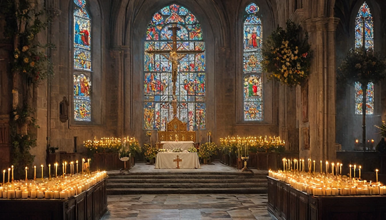 An altar in a church with medieval decorations, where the popes and cardinals are meeting in council. In the center, the pope in an attitude of mediation, flanked by cardinals. On the sides, soldiers and representatives of both sides (France and England) in positions of conflict or negotiation. The altar is adorned with lit candles, golden crosses and talismans scattered around. The church is decorated with intricate architectural details and colorful stained glass windows that let in soft light. The expression of the characters reflects the tension of the moment, with the pope trying to keep the peace and the soldiers and representatives showing determination and distrust. The atmosphere is solemn and loaded with expectations, capturing a crucial moment of mediation and diplomacy in the Middle Ages., Hyperrealism, Impressionism, wide shot, UHD, retina, masterpiece, accurate, anatomically correct, textured skin, super detail, award winning, 8k
