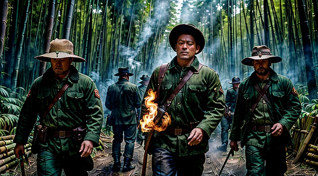The Captain of the Forest -- closed hunter's jacket, long pants and hunter's boots, with a straw hat, he is wounded and is carried by the men who are his henchmen = one on the left side, the other on the right side - - a lot of smoke - he is carried by two henchmen - a lot of smoke - the captain of the forest carried by henchmen gets up from the ground - leaving the forest in the background a bamboo grove