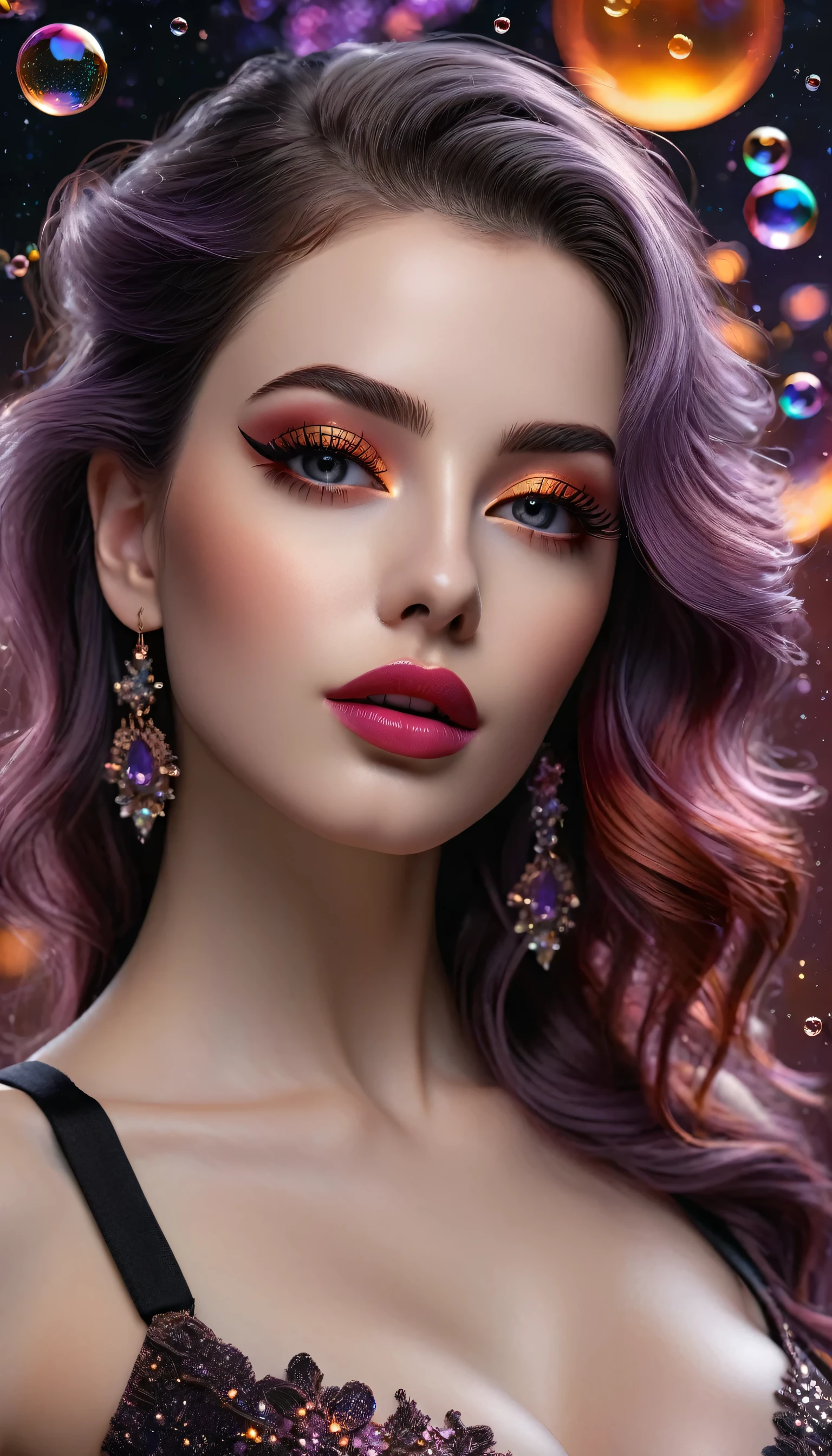 photorealistic Realism 8K Quality: ((Hyper details realistic black_eyes:1.25)), ((finely details pupils:1.3)), Perfect makeup, ((detailed symmetrical lips:1.3)), ((V-line jaw)), pink_lipstick:1.3, (Hyper detailed eyelashes), ((perfect dark_eyeshadows:1.25)), (Detailed nose:1.2), (perfect composition), ((pale skin)), (dry skin), Fantasy, Artistic,  actively exploring a world filled with dark shades of black, grey, orange, maroon, burgundy, and lavender, High-definition portrait upper body to waist shot centered on her highly detailed beautiful (firm and full breasts),, amidst a setting rich in details like stars, galaxies, colorful bubbles, and petals, all enhanced by iridescence and glittering wind carrying pollen, 8K resolution, intricate, elegant, highly detailed, majestic, digital photography, ((wide shot)),
