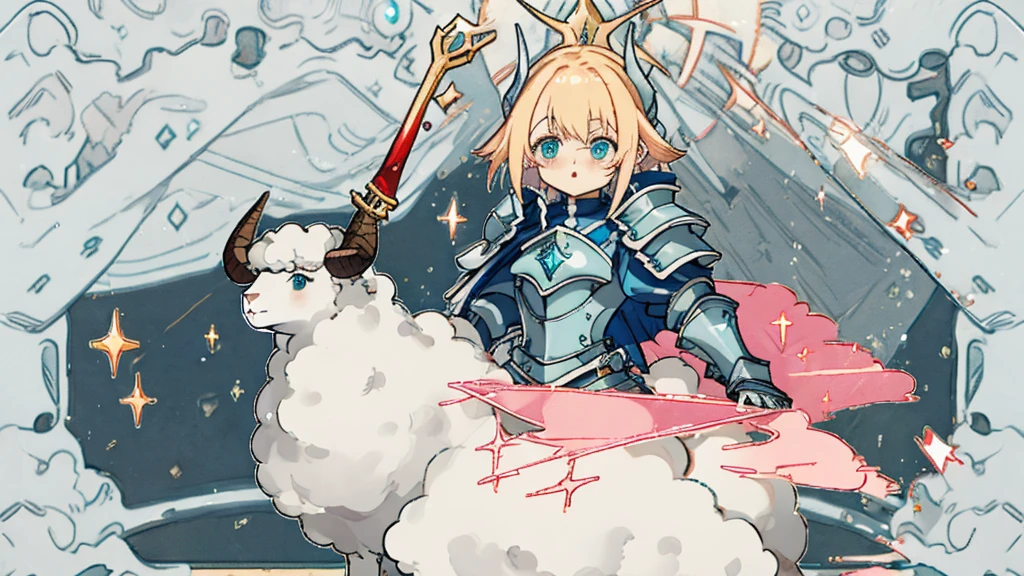 a minecraft background showing mountains and a dungeon. In the middle, a minecraft avatar with bright blue diamond armor in heroic pose, Looking forward. In a corner, a trapped pink sheep, with an expression of concern. Add glitter and sparkles to the armor, and arrows that guide the eye towards the sheep. Includes light and shadow effects for depth, with luminous borders around the avatar and sheep to stand out.