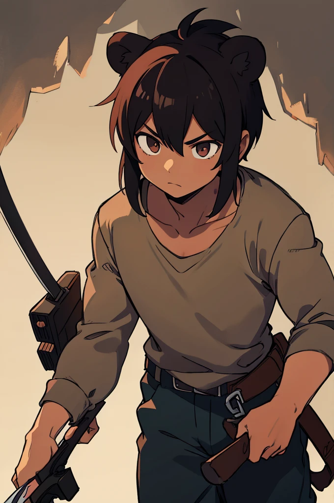 Anime man with darker skin. Half bear demi-human. Holding a machete