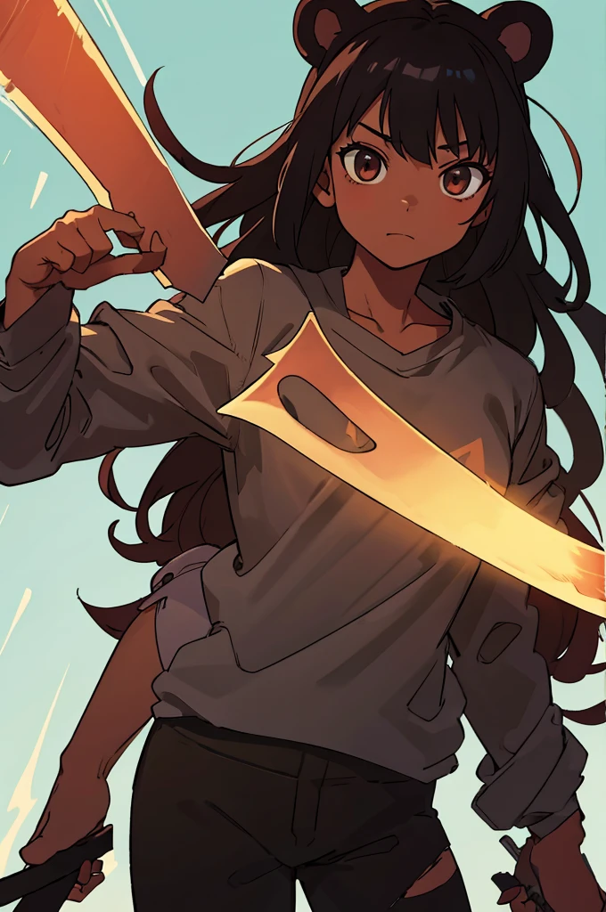 Anime man with darker skin. Half bear demi-human. Holding a machete