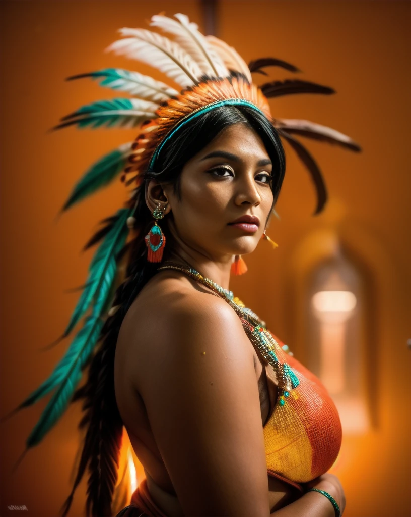 Beautiful Cherokee Indian woman with beautiful terracotta colored headdresses, blackw, doradas, cobre, Pearl, white and beige, feathers made of bright neon of various colors, flares on camera, bokeh, full moon night
