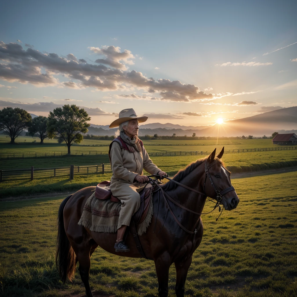 Elderly nomad on horseback on a farm at sunrise