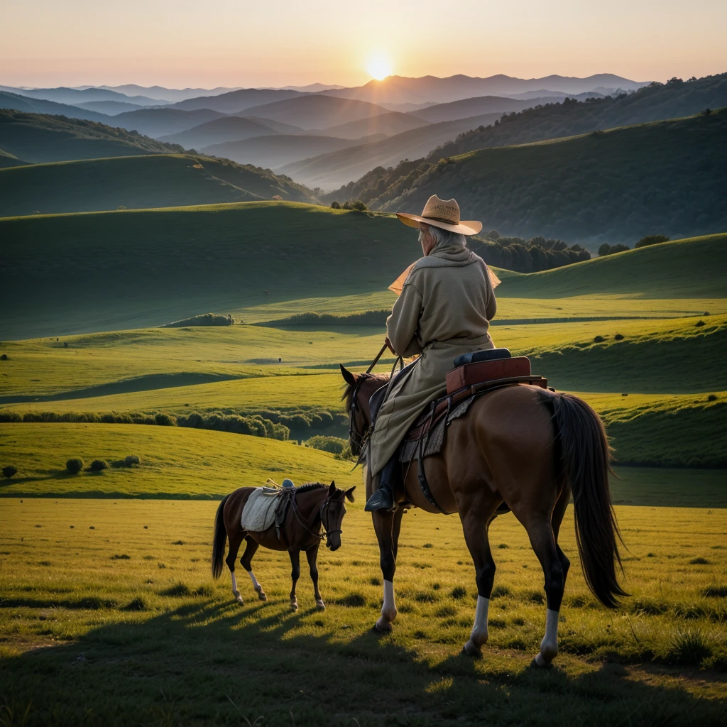 Elderly nomad on horseback on a farm at sunrise