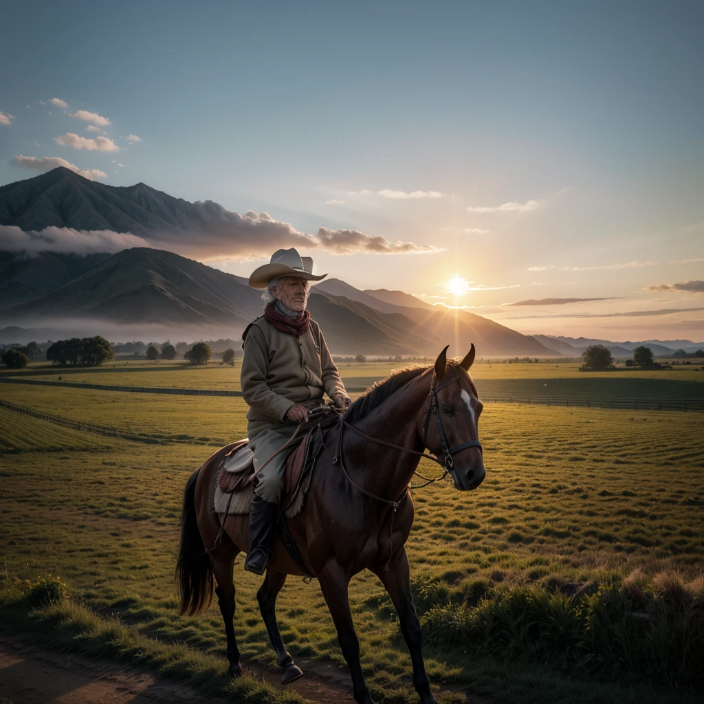 Elderly nomad on horseback on a farm at sunrise