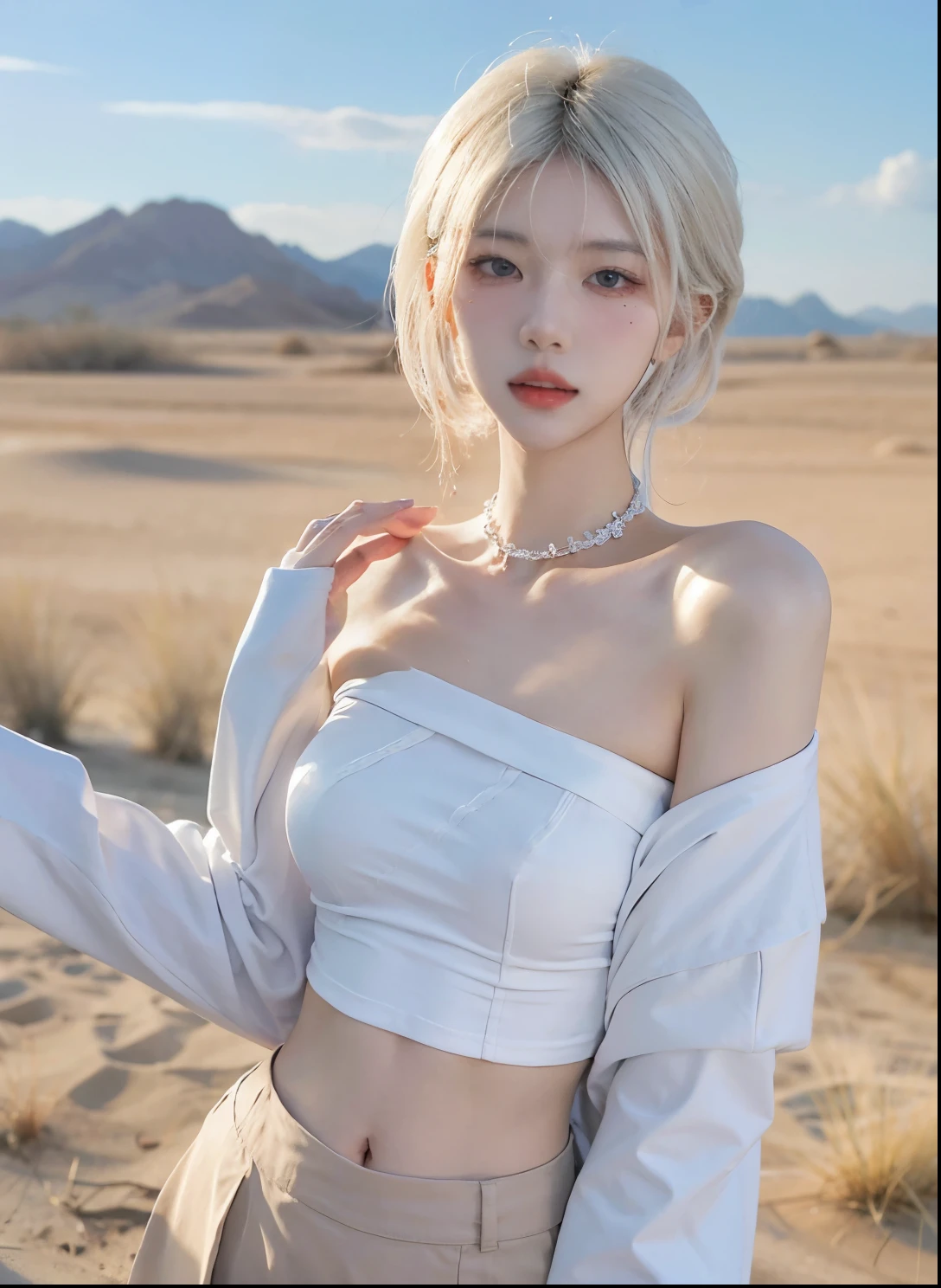 Beautiful woman with perfect figure:1.4,Desert Background,Desert Background,Ultra-high resolution,Seductive laughter,wear glasses,(lifelike:1.4),Layered Hairstyle,White皮肤,Super short pleated skirt,whole body,Very delicate face and skin texture,Double eyelids,Skin Whitening,Long hair,White hair,White,