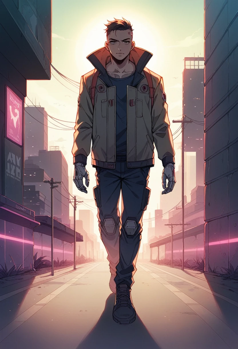 realistic depiction of a cyberpunk man walking towards the camera,with a strong and confident step, wearing a futuristic overcoat,Visible cybernetic enhancements to his arms and face,and a cityscape with imposing buildings lit by neon in the background, (dystopian:1.2), (sandy and industrial environment), (dynamic lighting), (attention to realistic details)