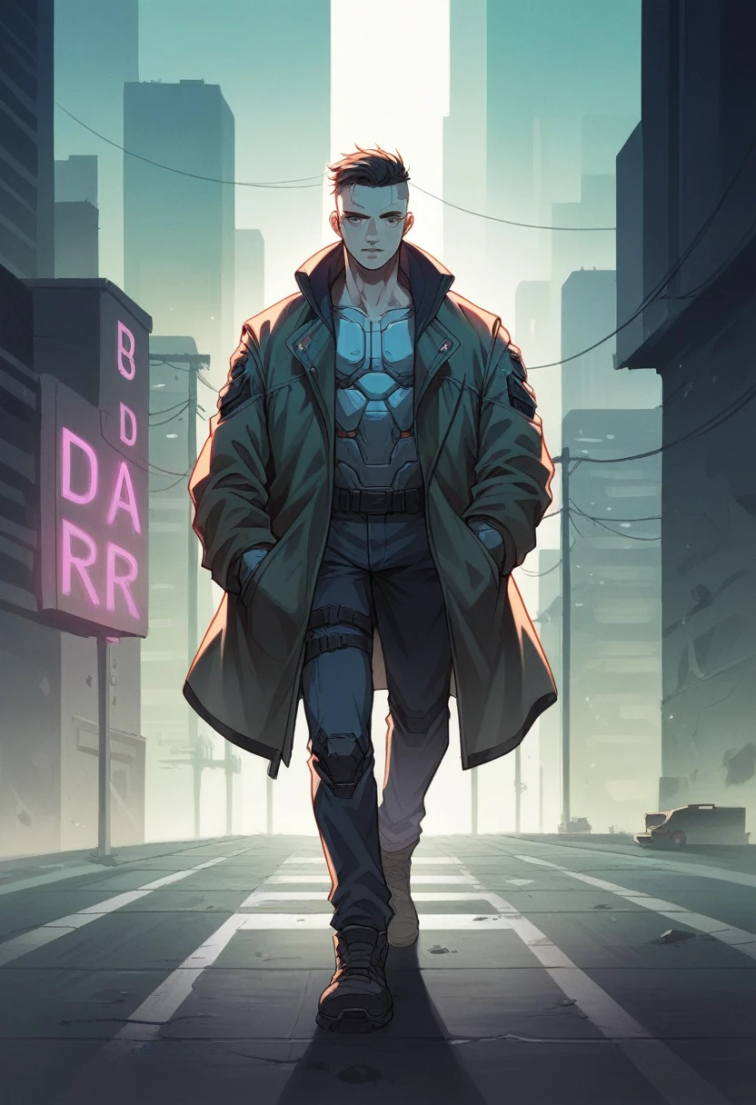 realistic depiction of a cyberpunk man walking towards the camera,with a strong and confident step, wearing a futuristic overcoat,Visible cybernetic enhancements to his arms and face,and a cityscape with imposing buildings lit by neon in the background, (dystopian:1.2), (sandy and industrial environment), (dynamic lighting), (attention to realistic details)