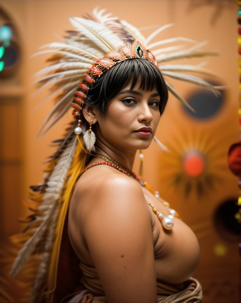 Beautiful Cherokee Indian woman with beautiful terracotta colored headdresses, blackw, doradas, cobre, Pearl, white and beige, feathers made of bright neon of various colors, flares on camera, bokeh, full moon ht