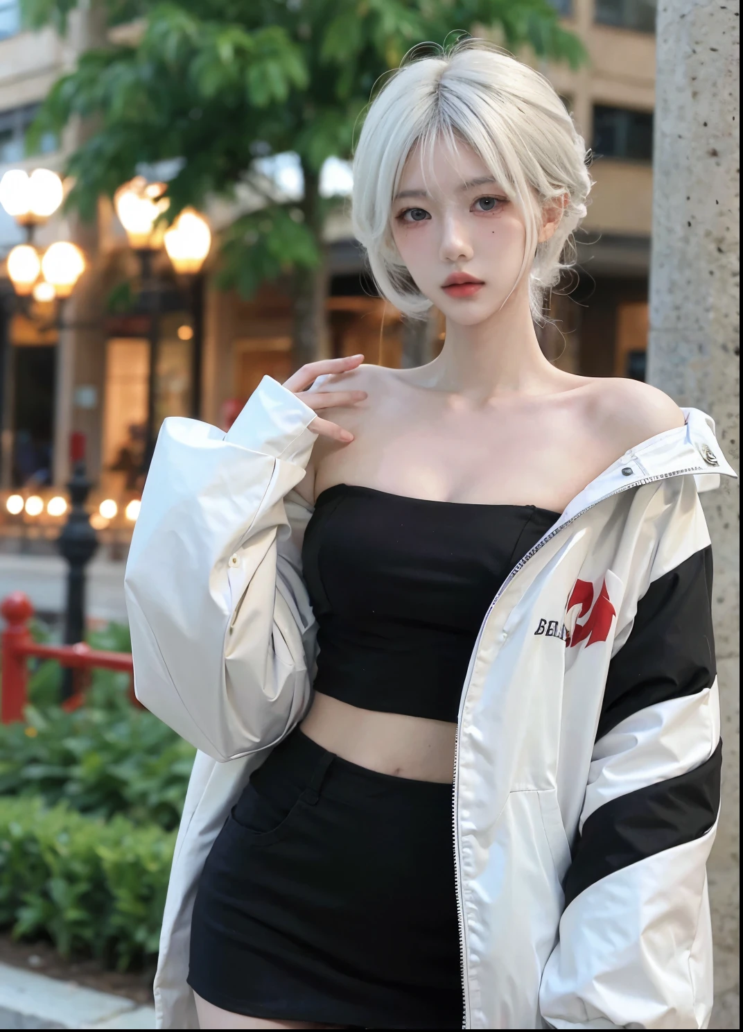 Beautiful woman with perfect figure:1.4，Ultra-high resolution，Put your hands behind your back，Snow background，（Realism:1.4)，perspective，Layered hairstyle，Snow white skin，JK:1.5，Super short pleated skirt，whole body：1.4，Very delicate and skin texture，Double eyelids，Skin Whitening，Long hair，White hair
