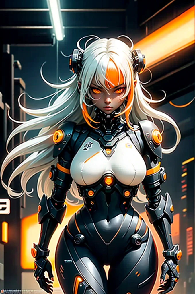 (sfw), intricate details, 1girl, dark ebony skin, night, (bright neon colors), ((flying over futuristic cyberpunk city)), detailed background, (petite cyborg girl, ((cute perfect face, bright glowing red eyes)), (perfect anatomy,  perky breasts), (absurdly long gradient orange and white hair, hair blowing in the wind)), detailed ribbed impossible bodysuit, shoulder armor, cybernetic limbs, dynamic angle,