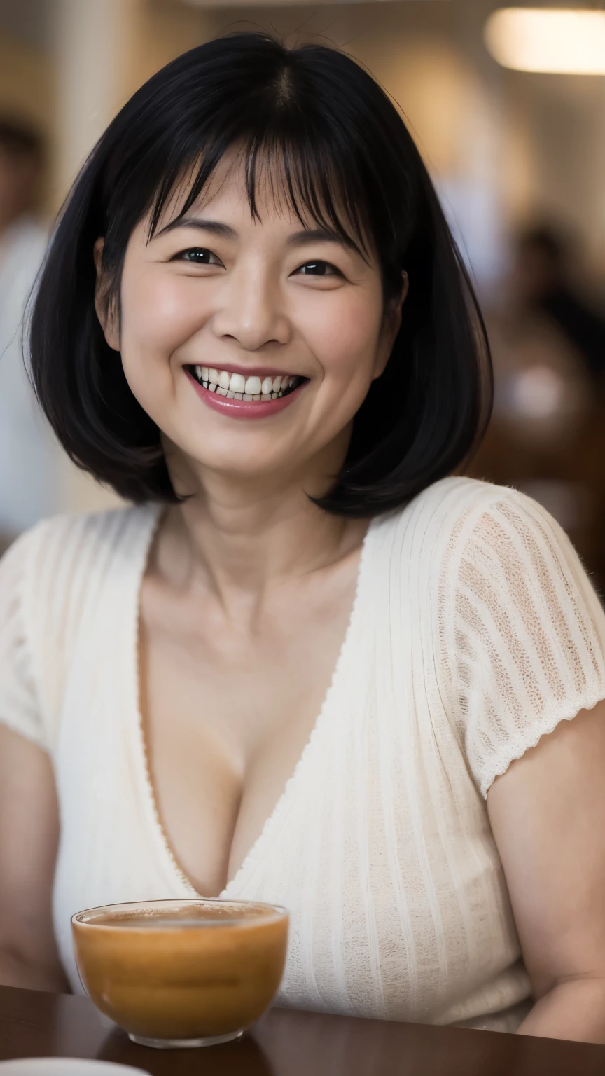 8k wallpaper, masterpiece, Highest quality, Super detailed, One Mature Woman, 50 years old, Become very clear, Wearing a short-sleeved knit, Skin dents, Captivating smile, Looking at the audience, Cleavage, plump, Curvaceous, Fascinating face, Smiling with teeth showing, I was happy, Sitting in a cafe, Background Blur