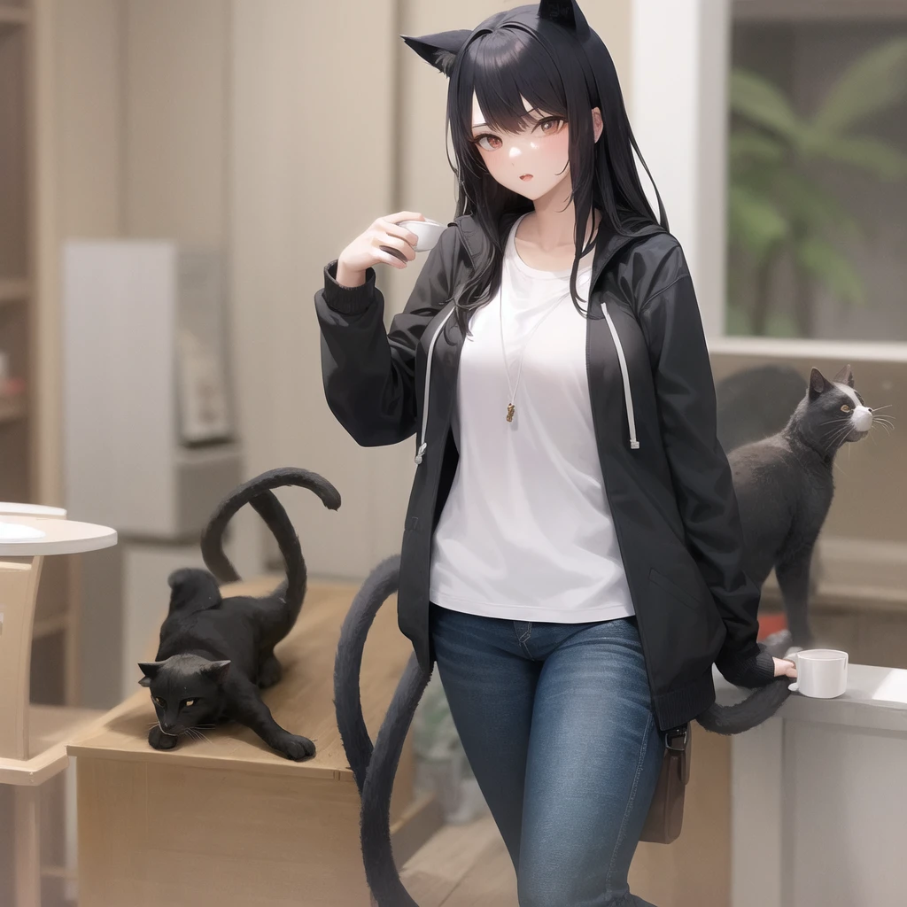 1 girl, black hoodie, long hair, beautiful face, cool, intimidation, black hair, drinking coffee, home, cat ears, anime