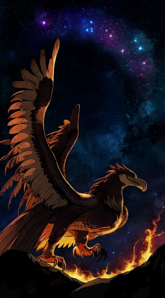 A mythical flaming eagle soars majestically against a dark, star-studded night sky. Its enormous wings, wreathed in blazing fire, cast a radiant, otherworldly glow that contrasts sharply with the darkness around it. Each feather of the eagle shimmers with intense flames, flickering and crackling with energy, while its fierce eyes burn with an incandescent intensity. The eagle’s talons, glowing like molten metal, are outstretched as if grasping at the stars themselves. The background is a tapestry of deep midnight blues and purples, speckled with distant, shimmering stars and swirling nebulae, accentuating the fiery brilliance of this mythical creature.