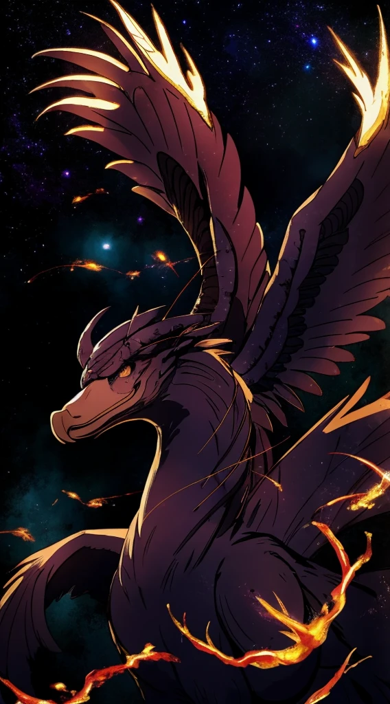 A mythical flaming eagle soars majestically against a dark, star-studded night sky. Its enormous wings, wreathed in blazing fire, cast a radiant, otherworldly glow that contrasts sharply with the darkness around it. Each feather of the eagle shimmers with intense flames, flickering and crackling with energy, while its fierce eyes burn with an incandescent intensity. The eagle’s talons, glowing like molten metal, are outstretched as if grasping at the stars themselves. The background is a tapestry of deep midnight blues and purples, speckled with distant, shimmering stars and swirling nebulae, accentuating the fiery brilliance of this mythical creature.