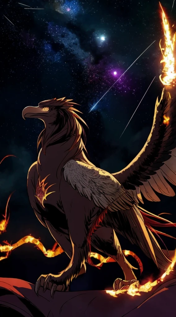 A mythical flaming eagle soars majestically against a dark, star-studded night sky. Its enormous wings, wreathed in blazing fire, cast a radiant, otherworldly glow that contrasts sharply with the darkness around it. Each feather of the eagle shimmers with intense flames, flickering and crackling with energy, while its fierce eyes burn with an incandescent intensity. The eagle’s talons, glowing like molten metal, are outstretched as if grasping at the stars themselves. The background is a tapestry of deep midnight blues and purples, speckled with distant, shimmering stars and swirling nebulae, accentuating the fiery brilliance of this mythical creature.