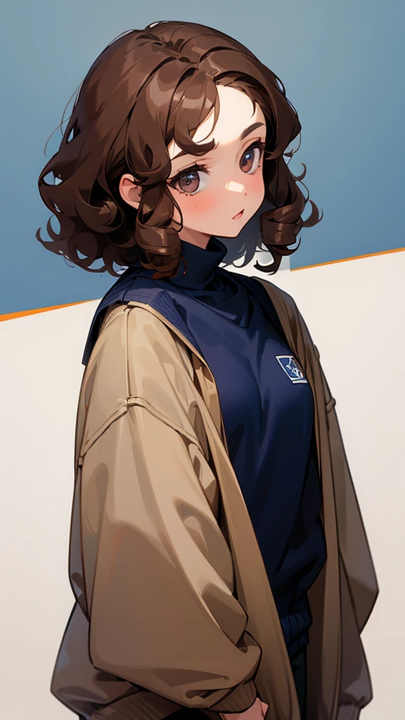 Girl with brown curly hair wearing a navy blue sweatshirt