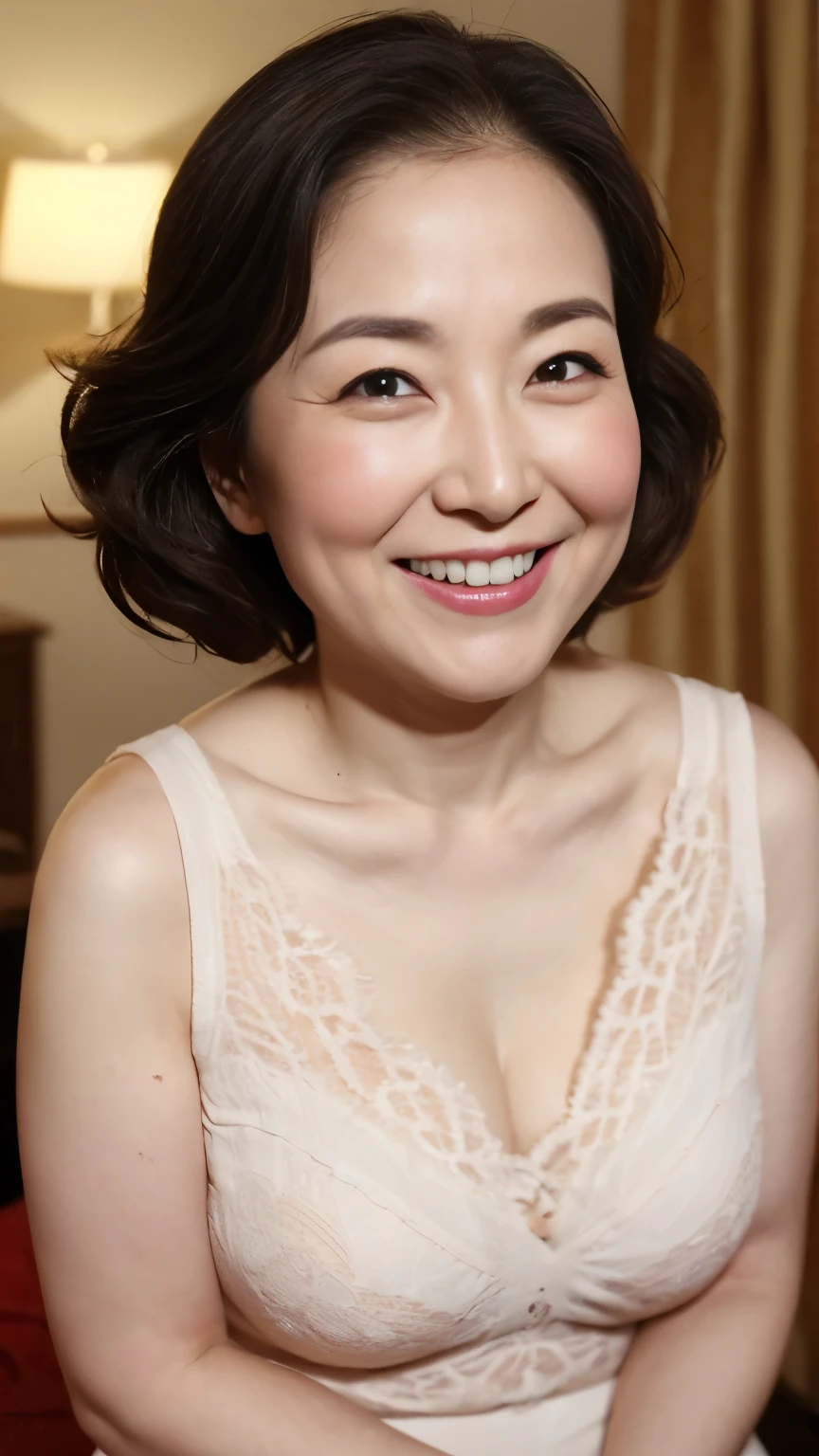 super high quality, Background Blur, In a hotel room, gravure, Look forward, 55 years old, ,Fat belly,Very plump, From the chest up, masterpiece, Highest quality, Very detailed, Realistic, Ultra-dense skin, Perfect Anatomy, Plump Mature Woman, Wrinkles around the eyes, , Big Breasts, White underwear, A shy toothy smile, Chubby, Glamour, sexy, Pure white skin, Looking at the audience,