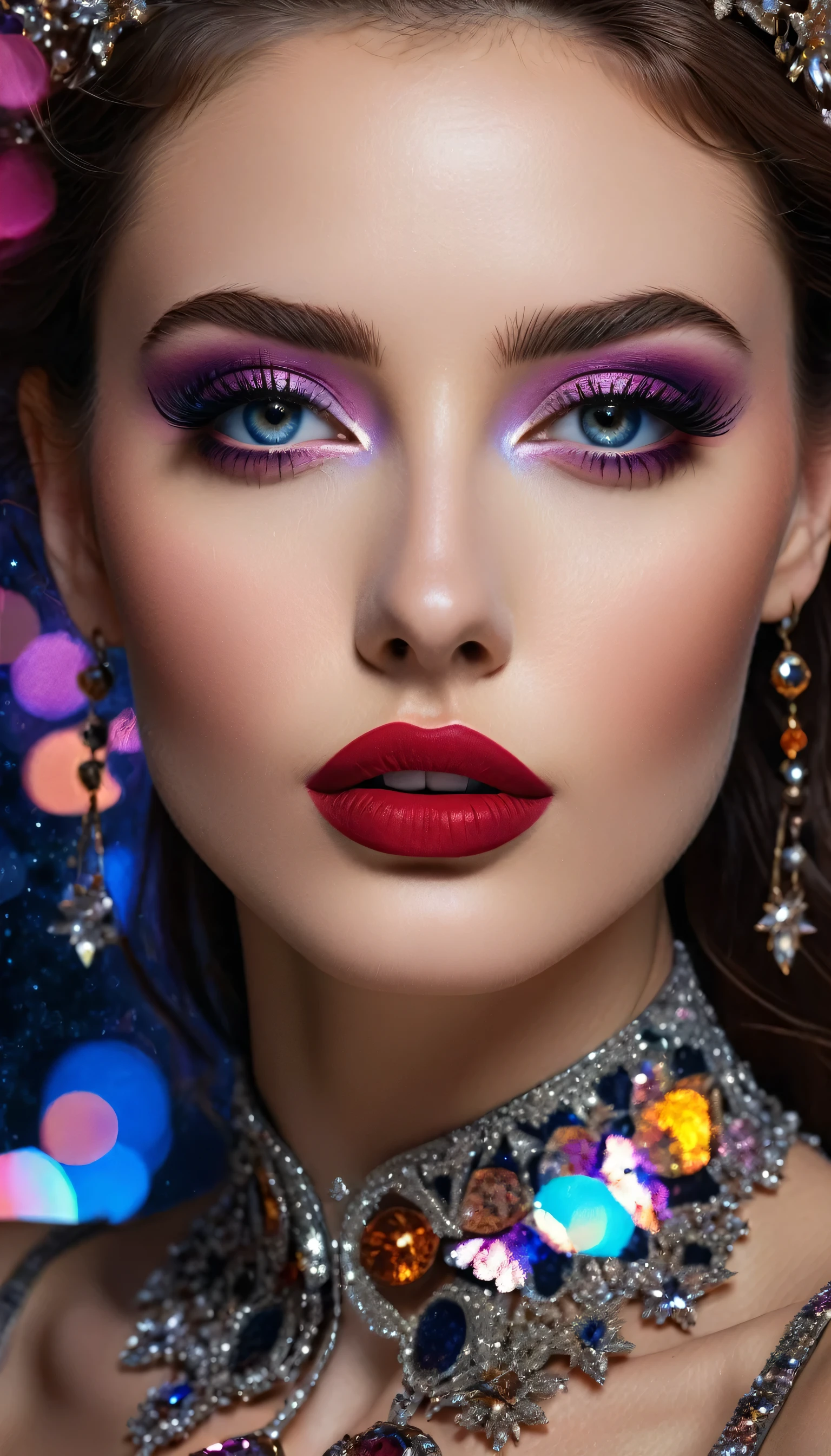 photorealistic Realism 8K Quality, fashion supermodel, (Glamour, paparazzi taking pictures of her), (beautiful slim and sharp face), ((ultra absurd details of realistic , perfectly round brown eyes: 1.3 in Ultra absurd quality and resolution)), (Ultra sharp eyes, clear absurd quality, not blurry), ((fine detailed pupils: 1.4)), pink_makeup:1.2, blue_eyeliner, red_lipstick:1.4,(perfect dark_eyeshadows), (Detailed nose:1.2), Intricate detail face, (perfect composition), ((pale skin)), (dry skin), Fantasy, Artistic, actively exploring a world filled with dark shades of black, grey, orange, maroon, burgundy, and lavender, High-definition portrait upper body to waist shot centered on her highly detailed beautiful (firm and full breasts),, amidst a setting rich in details like stars, galaxies, colorful bubbles, and petals, all enhanced by iridescence and glittering wind carrying pollen, 8K resolution, intricate, elegant, highly detailed, majestic, digital photography, ((wide shot)),