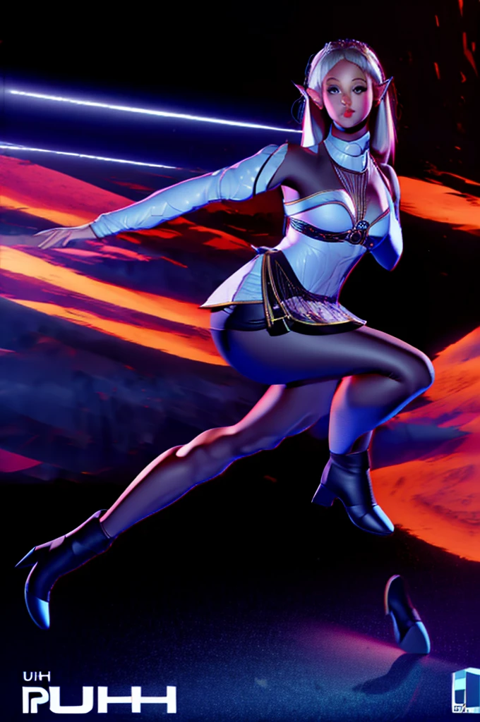 a young elf woman in ultra high definition (uhd), en position debout, with a mini skirt and elegant ankle boots