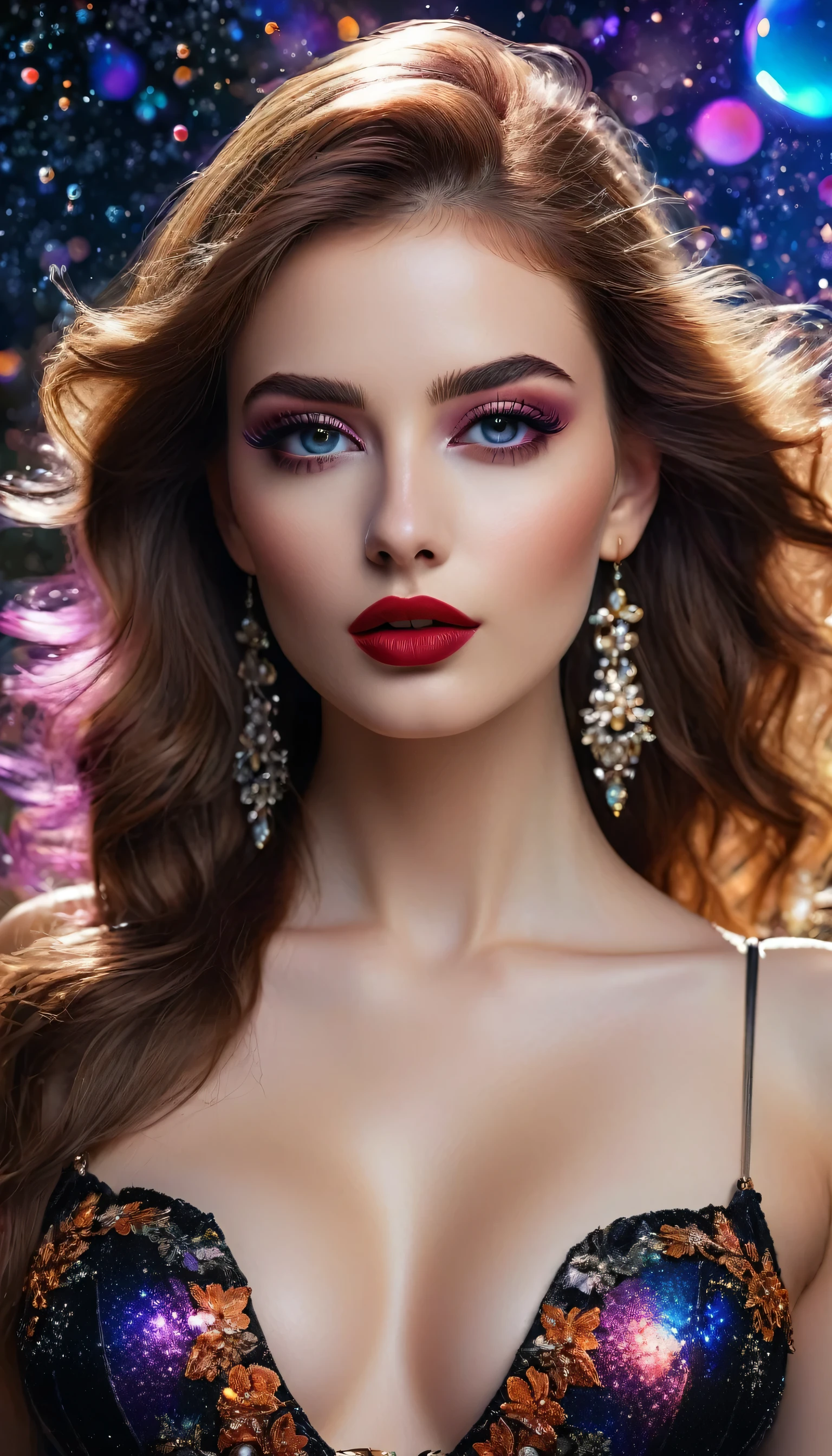 photorealistic Realism 8K Quality, fashion supermodel, (Glamour, paparazzi taking pictures of her), (beautiful slim and sharp face), ((ultra absurd details of realistic , perfectly round brown eyes: 1.3 in Ultra absurd quality and resolution)), (Ultra sharp eyes, clear absurd quality, not blurry), ((fine detailed pupils: 1.4)), pink_makeup:1.2, blue_eyeliner, red_lipstick:1.4,(perfect dark_eyeshadows), (Detailed nose:1.2), Intricate detail face, (perfect composition), ((pale skin)), (dry skin), Fantasy, Artistic,  actively exploring a world filled with dark shades of black, grey, orange, maroon, burgundy, and lavender, High-definition portrait upper body to waist shot centered on her highly detailed beautiful (firm and full breasts),, amidst a setting rich in details like stars, galaxies, colorful bubbles, and petals, all enhanced by iridescence and glittering wind carrying pollen, 8K resolution, intricate, elegant, highly detailed, majestic, digital photography, ((wide shot)),