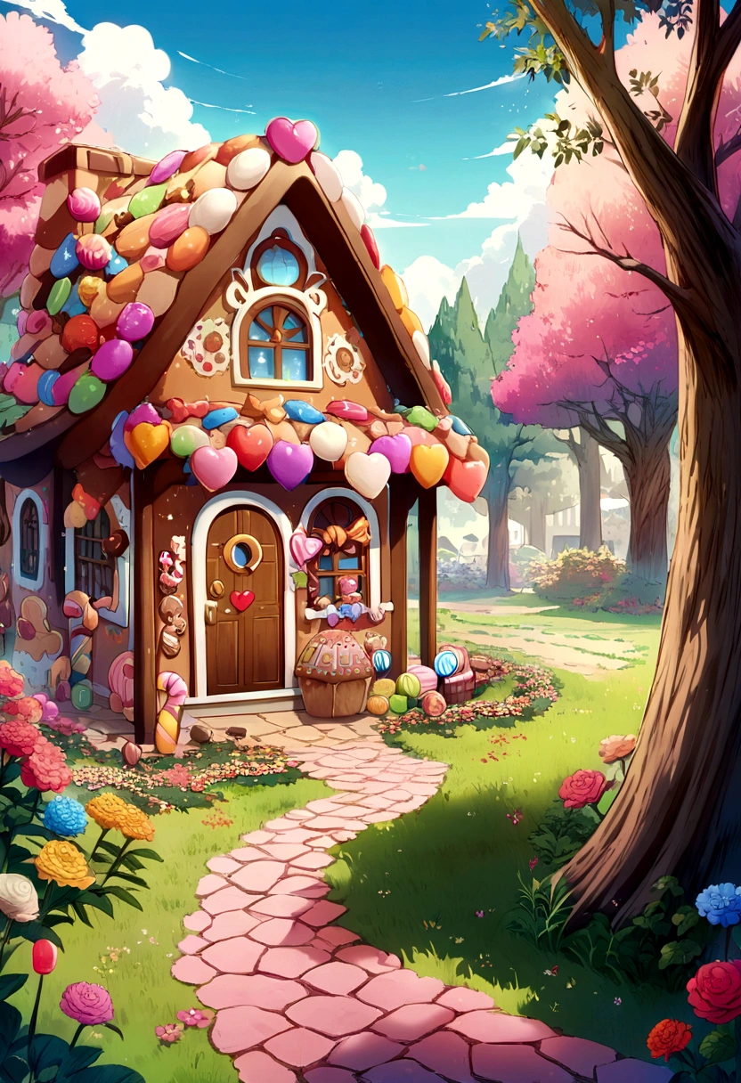 [
    "(Anime style:1.5), (highly detailed), (gingerbread house:1.7), (candy house from Hansel and Gretel), (detailed candy decorations), (colorful and whimsical), (chocolate roof), (gumdrop shingles), (lollipop garden), (candy cane pillars), (frosting icicles), (licorice window frames), (gummy bear pathway), (marshmallow chimney), (peppermint swirl door), (jellybean cobblestones), (cookie windowsills), (candy scattered across the ground), (candy sprinkles like autumn leaves), (sugar-coated trees), (candy floss hanging like moss), (sugar crystal flowers), (candied fruits on bushes), (chocolate river nearby), (fantasy forest), (bright and vibrant colors), (high quality, high saturation, high detail), (anime illustration), (cute and charming), (soft pastel colors), (storybook atmosphere), (magical and enchanting)"
]