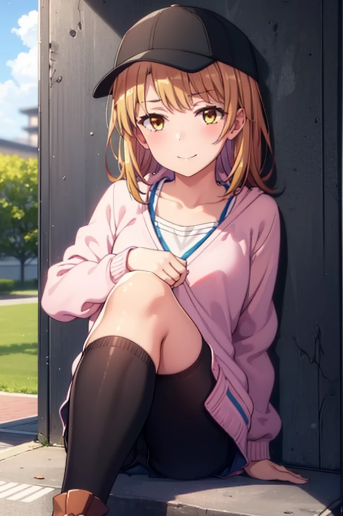 Irohaisshiki, isshiki iroha, Long Hair, Brown Hair, (Brown eyes:1.5), happy smile, smile, Close your mouth,blush,rain,rain空,Cloudy,Baseball hats,Pink oversized hoodie,V-neck shirt,mini skirt,Black pantyhose,short boots,Sitting leaning against the wall、,Hiding in a roofed building,whole bodyがイラストに入るように,
break outdoors, Building district,
break looking at viewer,whole body,
break (masterpiece:1.2), Highest quality, High resolution, unity 8k wallpaper, (figure:0.8), (Beautiful attention to detail:1.6), Highly detailed face, Perfect lighting, Highly detailed CG, (Perfect hands, Perfect Anatomy),