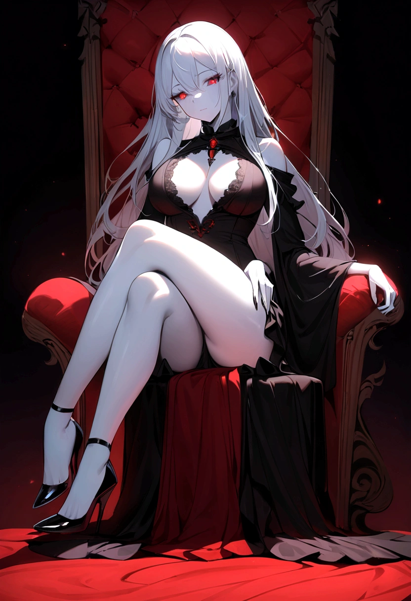 (master piece), (best quality), a vampire, vampire woman, with platinum hair, long hair, heavy and platinum hair, very white skin, skin as white as snow, red eyes, ruby ​​eyes.  [(pose: sitting on a throne, legs crossed, hands crossed on the knees,.(sitting sideways),(looking forward), silk throne, (white silk, red silk)]. [(Clothes: ( black dress), (large neckline), irregular edges, gothic and sexy style, marked breasts, long cut dress, (exposed legs), high heels,.stiletto heels.)], [(lighting: volumetric lighting), back light, soft light.- 4k