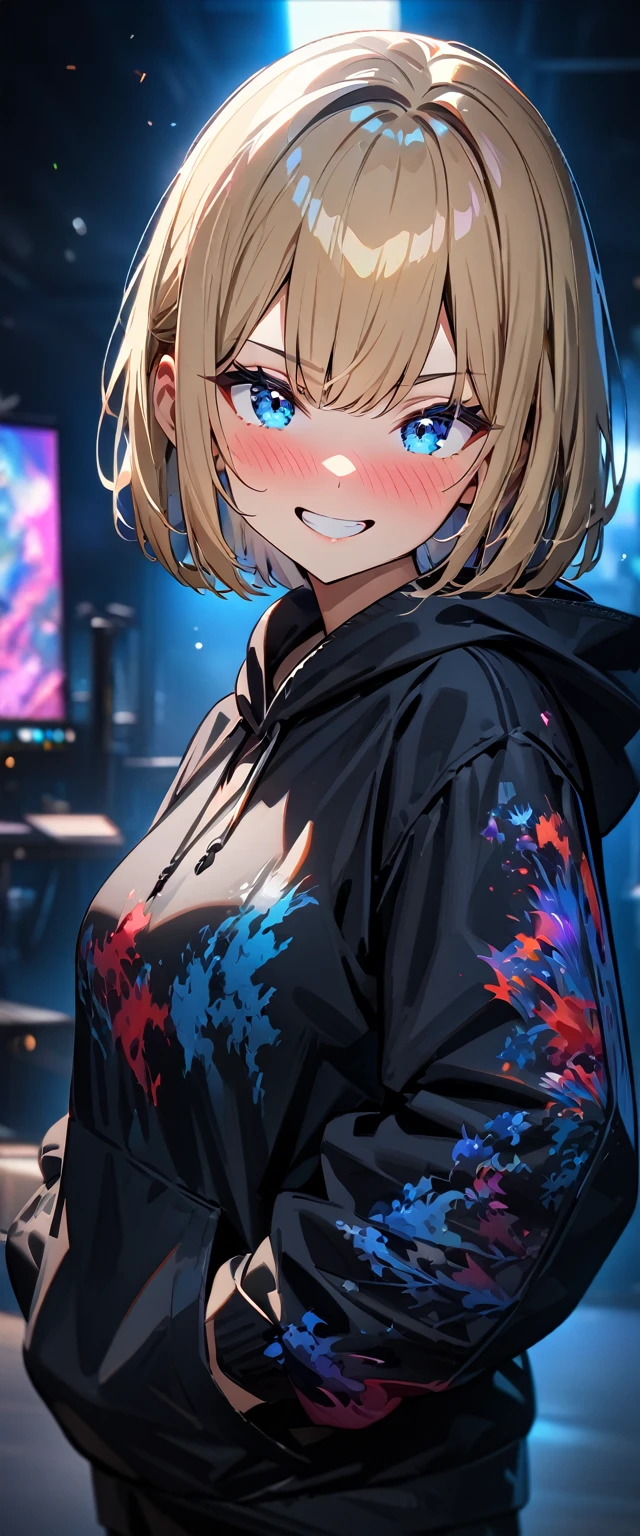 (((One girl))), blond hair, bob cut, (upper body), (looking at viewer), breasts, ager, head tilt:1.3, (((blue eye))), (from side), hand in pocket, ((grin)), ((full face blush)), black hoodie, black shorts, anime style, (best quality, 4k, 8k, highres, masterpiece:1.2, ultra-detailed, ultra-detailed eyes, HDR, UHD, studio lighting, ultra-fine painting, sharp focus, physically-based rendering, extreme detail description, professional, vivid colors, bokeh)