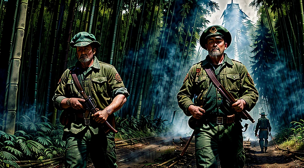 The Captain of the Forest -- closed hunter's jacket, long pants and hunter's boots, with a straw hat, he is wounded and is carried by the men who are his henchmen = one on the left side, the other on the right side - - a lot of smoke - he is carried by two henchmen - a lot of smoke - the captain of the forest carried by henchmen gets up from the ground - leaving the forest in the background a bamboo grove