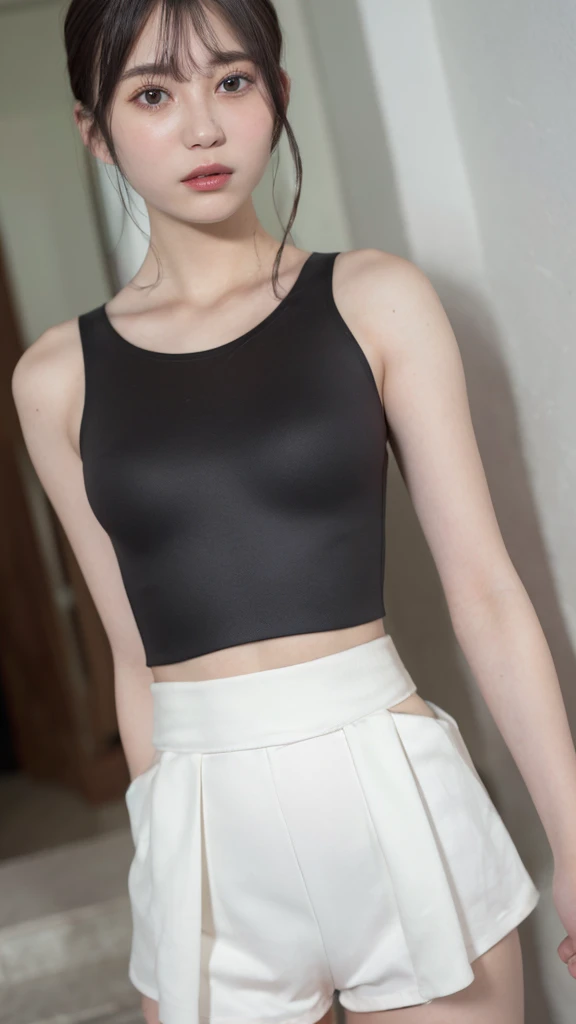 (((Very detailed:1.42、Are standing、Looking up from below:1.82、Composition above the knees)))、((Highest quality, 8K, masterpiece: 1.3)), sharp: 1.2, Perfect Body Beauty: 1.4, Slim Abs: 1.2, ((nude、Small breasts: 1.2)), (((Sheer short tank top:1.3,))), Short shorts:1.2, Bare shoulders, (((Underbust: 1.2))), Face close-up: 1.0, Very detailedな顔と肌の質感, Beautiful Eyes, double eyelid,