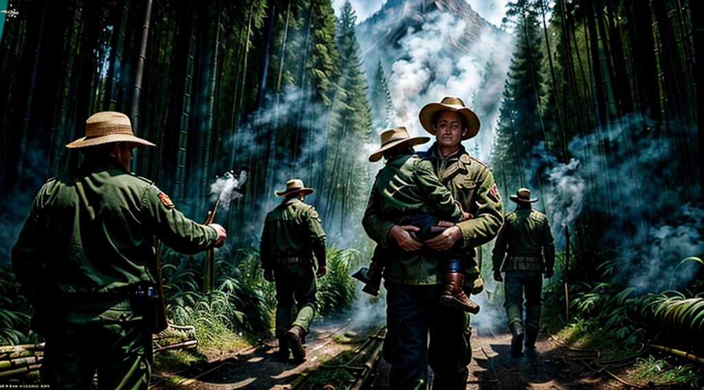 The Captain of the Forest -- closed hunter's jacket, long pants and hunter's boots, with a straw hat, he is wounded and is carried by the men who are his henchmen = one on the left side, the other on the right side - - a lot of smoke - he is carried by two henchmen - a lot of smoke - the captain of the forest carried by henchmen gets up from the ground - leaving the forest in the background a bamboo grove