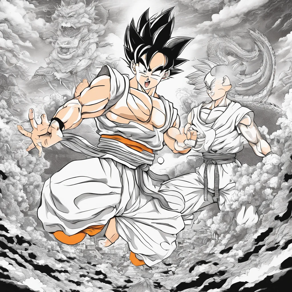 Great a manga story with Son goku and Krillin in diverses situations, diverse dragon ball scene very detailed, scene in black and white, manga page, diverse background,