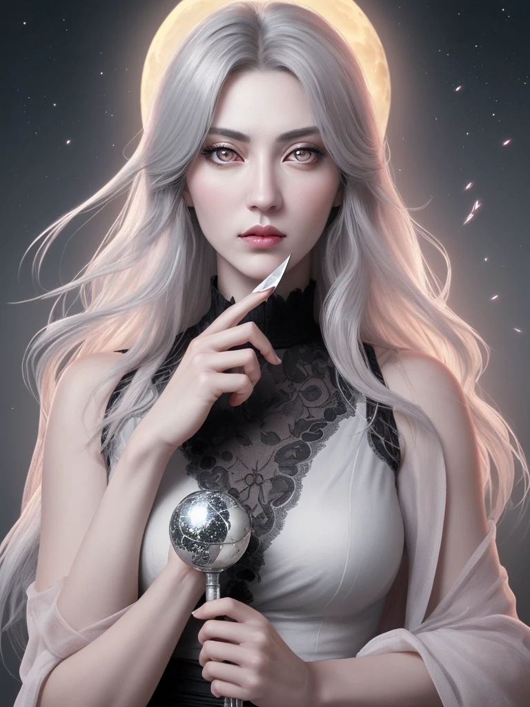 Masterpiece, Superb Girl, Night Moon Full Moon, 1 Female, Mature Woman, Sister, Royal Sister, Cold Face, Expressionless, Silver-White Long-Haired Woman, Light Pink Lips, Calm, Intellectual, Three-banded Gray Eyes, Assassin Short Knife, Flower Ball Background, Hand Details, Finger Details, Facial Details, Eye Details,
