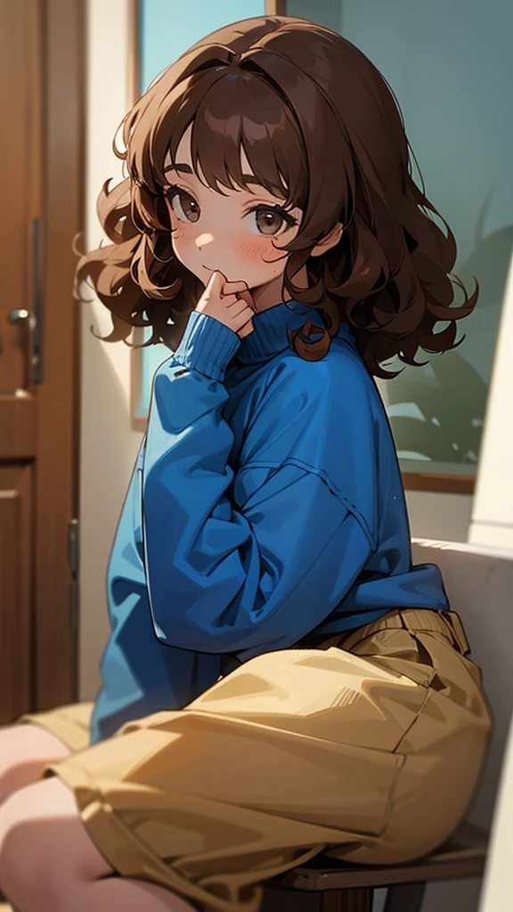 Girl with brown curly hair wearing a blue sweatshirt