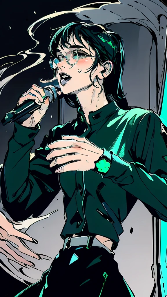 Black and white line art illustration of a young male wearing glasses singing on stage with a microphone in his right hand, athletic body type, medium shot, beautiful face, perfect hands, perfect eyes, perfect mouth, ((clear focus)), ((sharp focus)), Black hair, perfect hands, realistic hands, individual fingers, intricate fingers, Green shirt, Detailed  green shirt, proper alignment, flawless, masterpiece, high quality, sharp focus, clear image, RAW, Detailed stage, 8K Stage, Stage Lights, Smoke, Character art, Concept art, line art