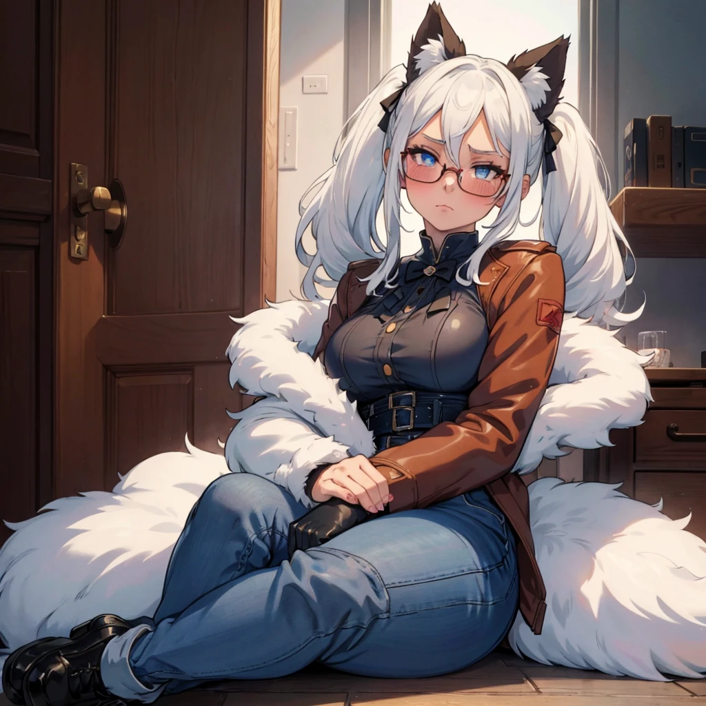 anime girl, white hair pigtails, black ribbons, blushing, blue glowing eyes, white cat ears, 8k, high res, full body, 1 girl, good lighting, fine detail, brown fur jacket, blue jeans, glasses, red glove, (masterpiece), perfect face, best quality, looking at view, sitting