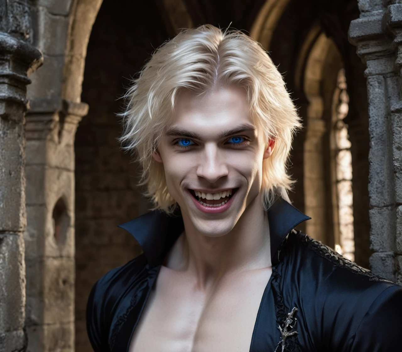 Muscular vampire boy, smiling mischievously revealing fangs, pale skin, blue eyes, medium blond hair, half naked, in a dark gothic castle