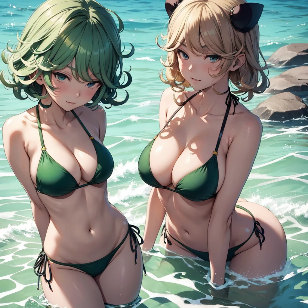 three girls, animal print, bikini, black bikini, black hair, blonde hair, blue null, blush, bracelet, breast press, chest, brown eyes, brown hair, building, cleavage, cloud, cloudy null, clavicle, 浅black skinの女性, black skin, Day, earrings, embarrassing, frilled bikini, girls sandwich, grin and laugh, Improve, heart necklace, jewelry, large chest, long hair, looking at the viewer, mole, mole under eye, multiple girls, belly button, necklace, nose blush, outdoor, Sandwiched, short hair, side-tie bikini, side tie panties, null, small chest, smile, swimsuit, tan, tanlines, white bikini, lily