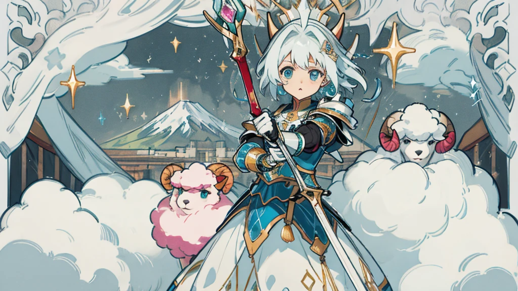 a minecraft background showing mountains and a dungeon. In the middle, a minecraft avatar with bright blue diamond armor in heroic pose, Looking forward. In a corner, a trapped pink sheep, with an expression of concern. Add glitter and sparkles to the armor, and arrows that guide the eye towards the sheep. Includes light and shadow effects for depth, with luminous borders around the avatar and sheep to stand out.