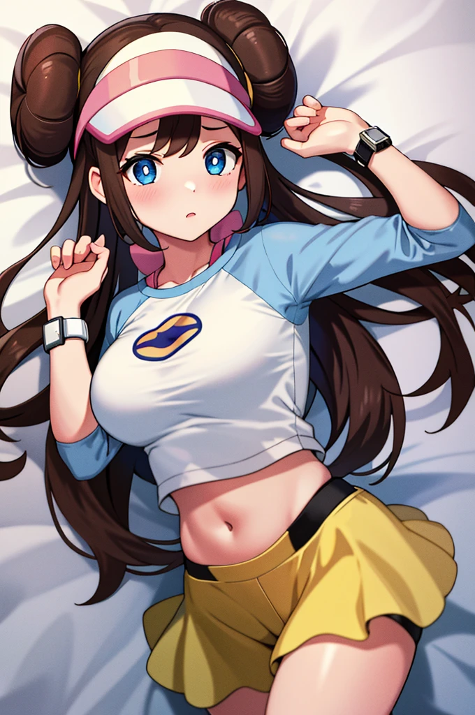 ​masterpiece, top-quality, hight resolution, RO1, Hair buns, blue eyess, Twin-tailed, Visor Cap, raglan sleeves, Yellow shorts, The shirt, Pink ribbon, Watches,large full breasts、、appealing breast、breastso、sexy tummy,  tetas grandes, solo, 1girl, BEDROOM background, hands on chest, embarrased, blush, embarrased, lying on bed, 