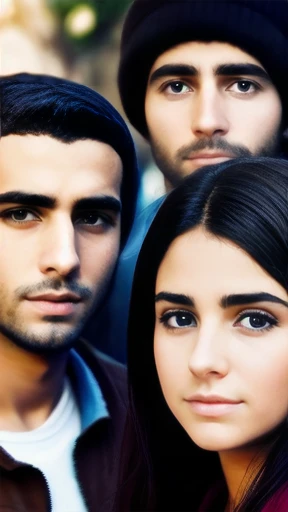 group of young Judaean man people gathered, focus on faces.