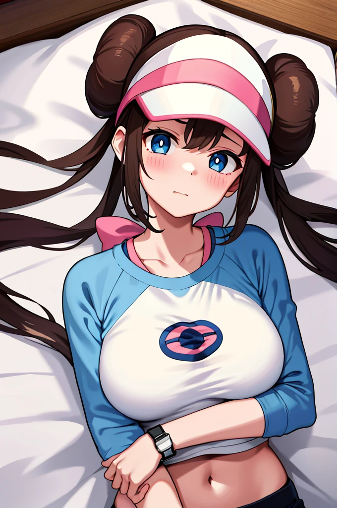 ​masterpiece, top-quality, hight resolution, RO1, Hair buns, blue eyess, Twin-tailed, Visor Cap, raglan sleeves, Yellow shorts, The shirt, Pink ribbon, Watches,large full breasts、、appealing breast、breastso、sexy tummy,  tetas grandes, solo, 1girl, BEDROOM background, hands on chest, embarrased, blush, embarrased, lying on bed, 