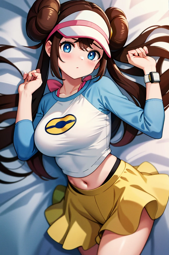 ​masterpiece, top-quality, hight resolution, RO1, Hair buns, blue eyess, Twin-tailed, Visor Cap, raglan sleeves, Yellow shorts, The shirt, Pink ribbon, Watches,large full breasts、、appealing breast、breastso、sexy tummy,  tetas grandes, solo, 1girl, BEDROOM background, hands on chest, embarrased, blush, embarrased, lying on bed, 