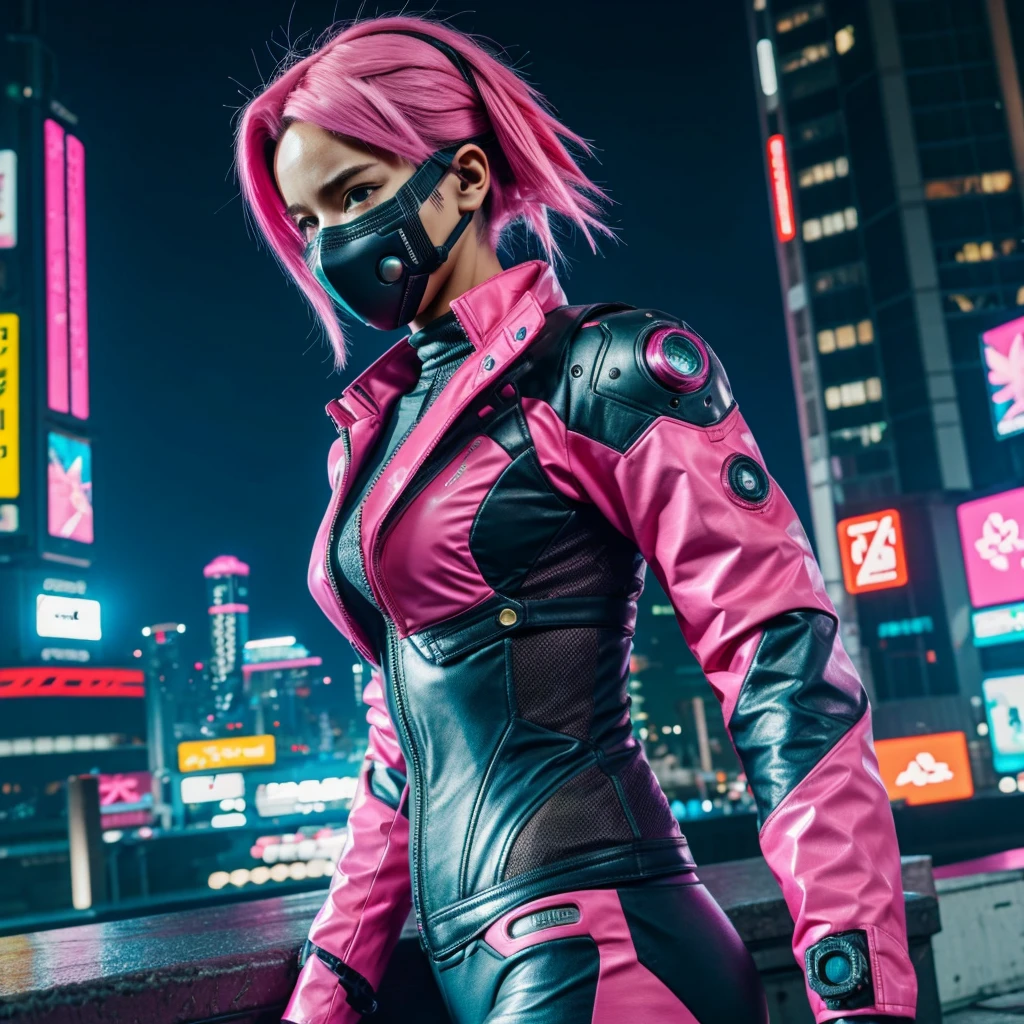 cyberpunk 2d anime girl, with pink hair, hightech mask, modern skinny suit with sci fi tokyo in the background, at night
