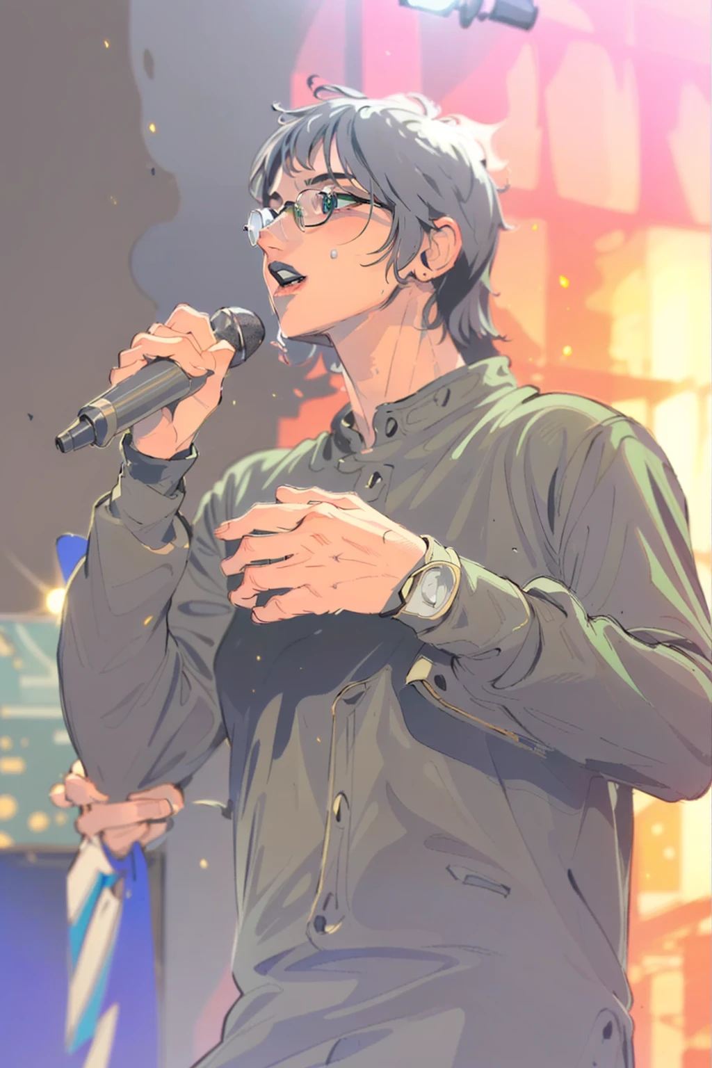 Black and white line art illustration of a young male wearing glasses singing on stage with a microphone in his right hand, athletic body type, medium shot, beautiful face, perfect hands, perfect eyes, perfect mouth, ((clear focus)), ((sharp focus)), Black hair, perfect hands, realistic hands, individual fingers, intricate fingers, Green shirt, Detailed  green shirt, proper alignment, flawless, masterpiece, high quality, sharp focus, clear image, RAW, Detailed stage, 8K Stage, Stage Lights, Smoke, Character art, Concept art, line art