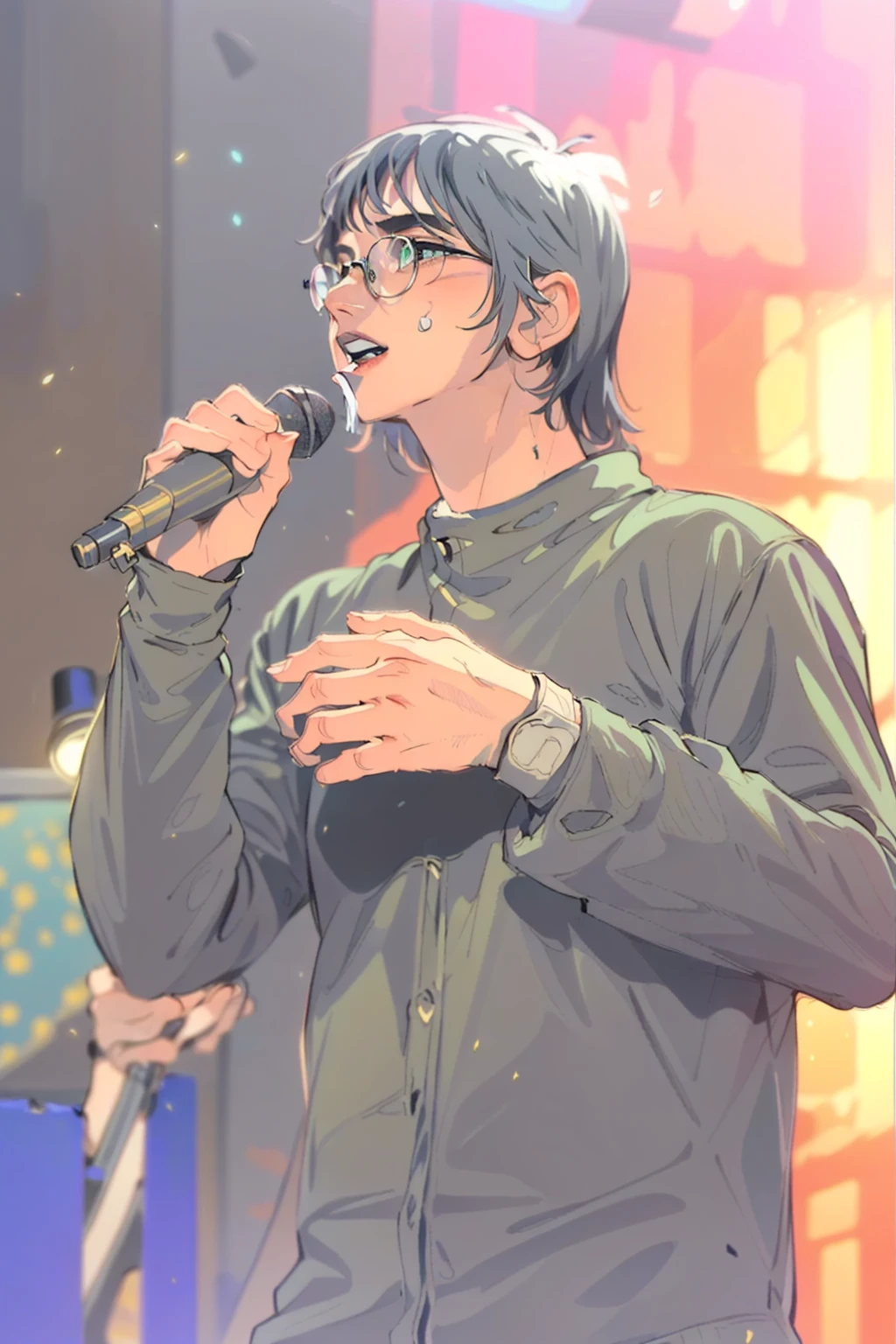 Black and white line art illustration of a young male wearing glasses singing on stage with a microphone in his right hand, athletic body type, medium shot, beautiful face, perfect hands, perfect eyes, perfect mouth, ((clear focus)), ((sharp focus)), Black hair, perfect hands, realistic hands, individual fingers, intricate fingers, Green shirt, Detailed  green shirt, proper alignment, flawless, masterpiece, high quality, sharp focus, clear image, RAW, Detailed stage, 8K Stage, Stage Lights, Smoke, Character art, Concept art, line art