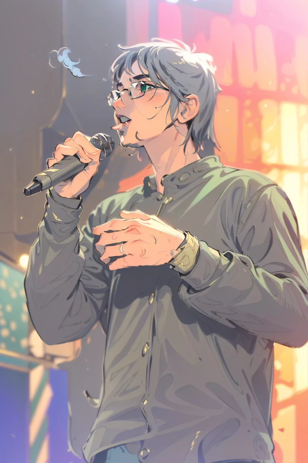 Black and white line art illustration of a young male wearing glasses singing on stage with a microphone in his right hand, athletic body type, medium shot, beautiful face, perfect hands, perfect eyes, perfect mouth, ((clear focus)), ((sharp focus)), Black hair, perfect hands, realistic hands, individual fingers, intricate fingers, Green shirt, Detailed  green shirt, proper alignment, flawless, masterpiece, high quality, sharp focus, clear image, RAW, Detailed stage, 8K Stage, Stage Lights, Smoke, Character art, Concept art, line art