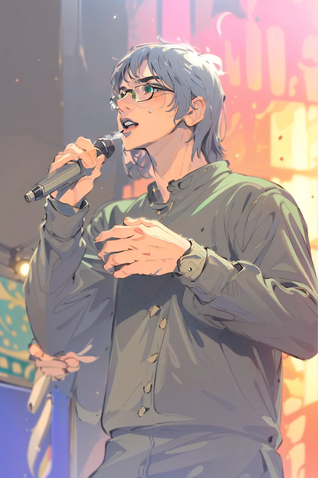 Black and white line art illustration of a young male wearing glasses singing on stage with a microphone in his right hand, athletic body type, medium shot, beautiful face, perfect hands, perfect eyes, perfect mouth, ((clear focus)), ((sharp focus)), Black hair, perfect hands, realistic hands, individual fingers, intricate fingers, Green shirt, Detailed  green shirt, proper alignment, flawless, masterpiece, high quality, sharp focus, clear image, RAW, Detailed stage, 8K Stage, Stage Lights, Smoke, Character art, Concept art, line art